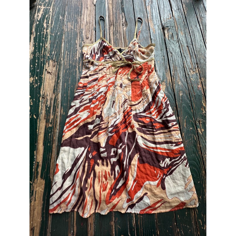 Y2K
Mlle Gabrielle Cotton Abstract Empire Waist Midi Dress Gold Trim Small